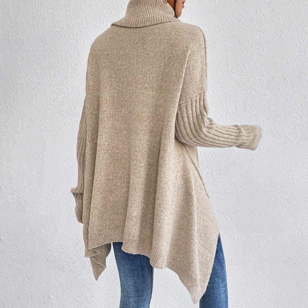 Maglione dolcevita irregolare da donna – Pullover a maniche lunghe in maglia larga