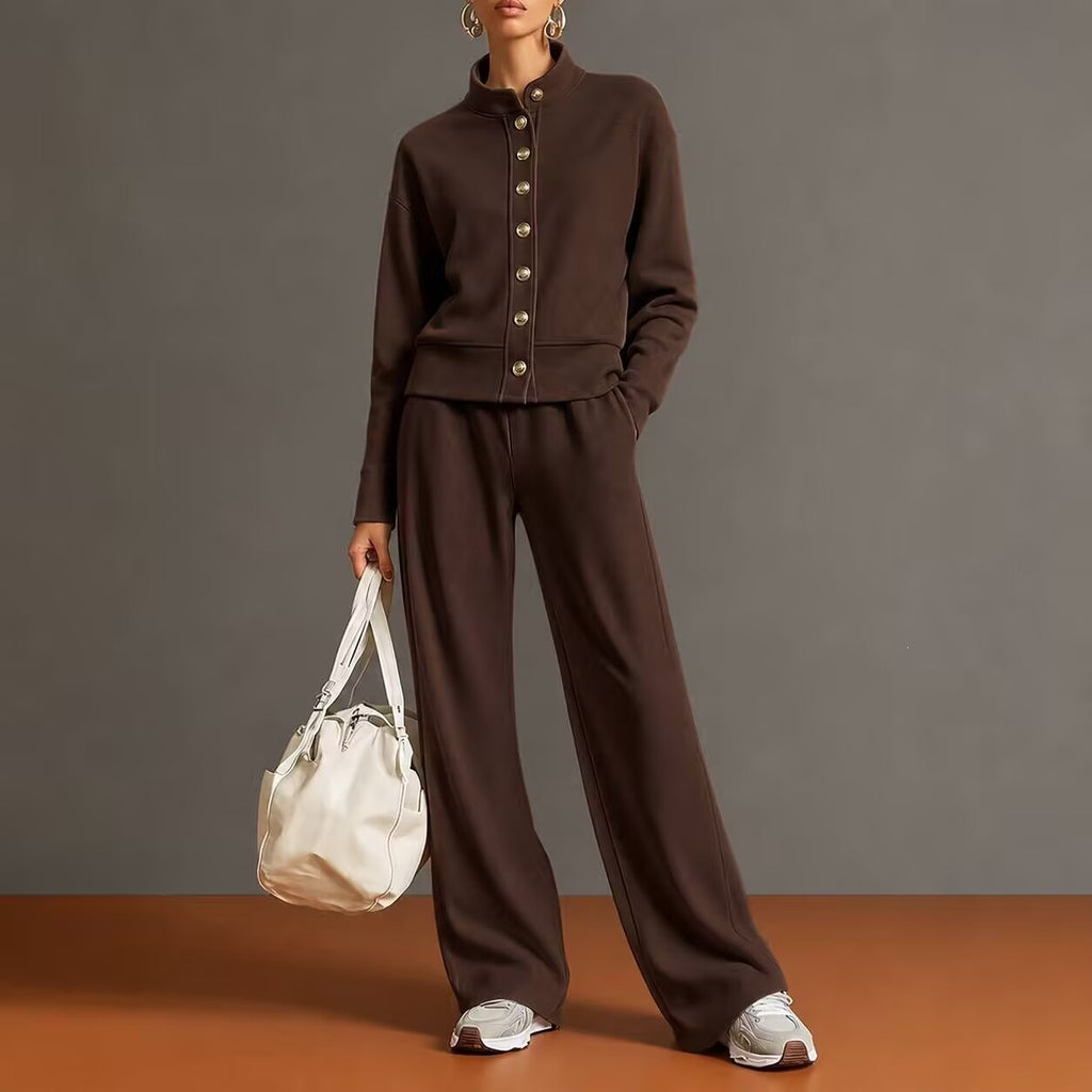 Ensemble cardigan à col montant et pantalon ample - Chic et confortable