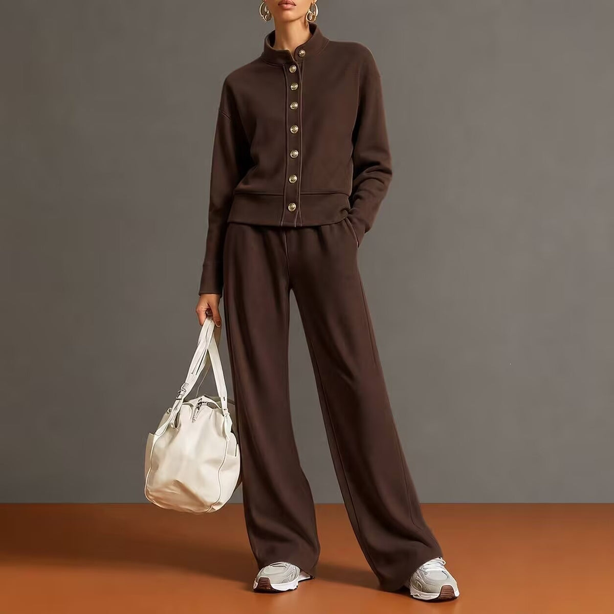 Ensemble cardigan à col montant et pantalon ample - Chic et confortable