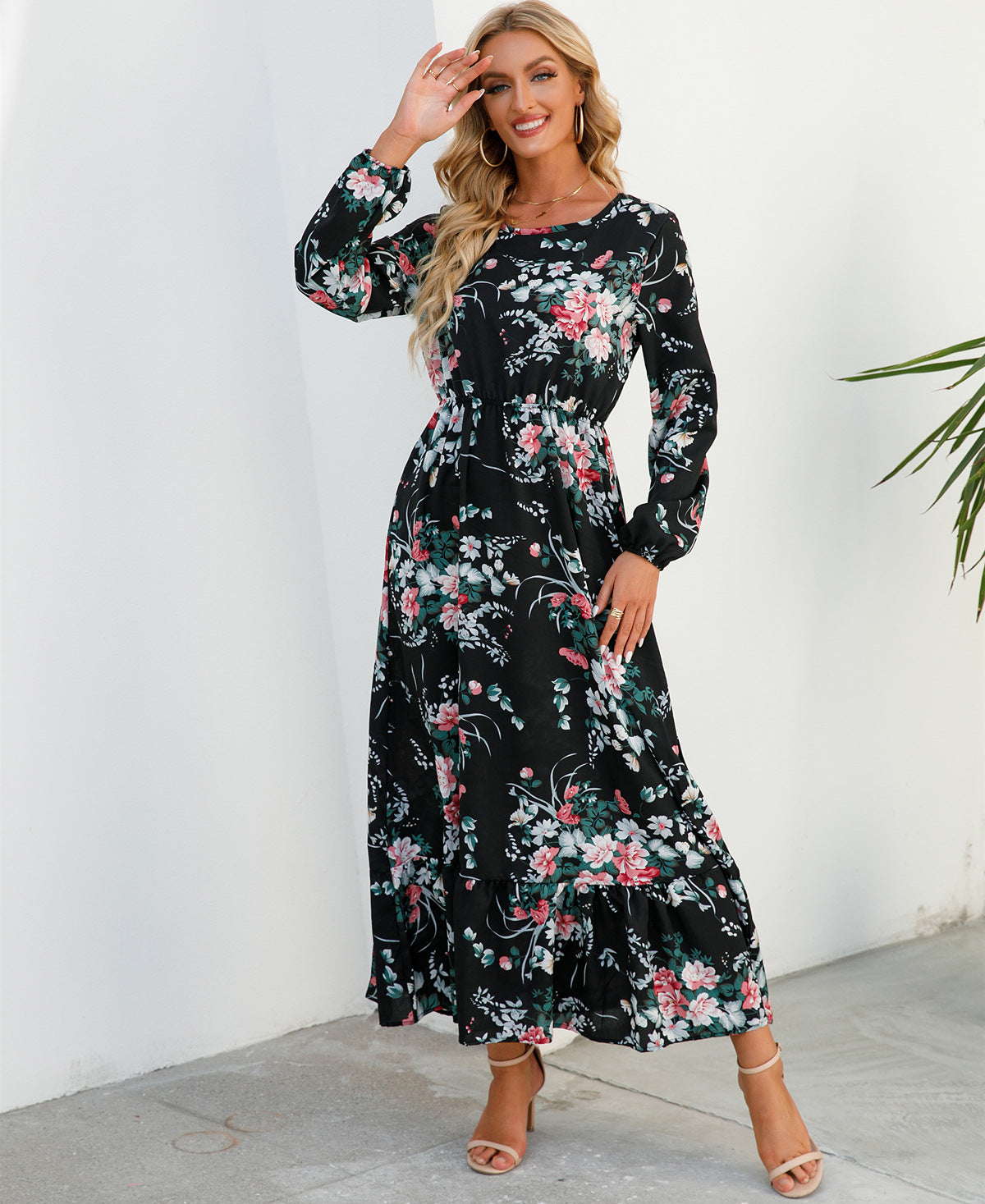 Abito versatile in chiffon floreale da donna - Elegante stile scollo rotondo