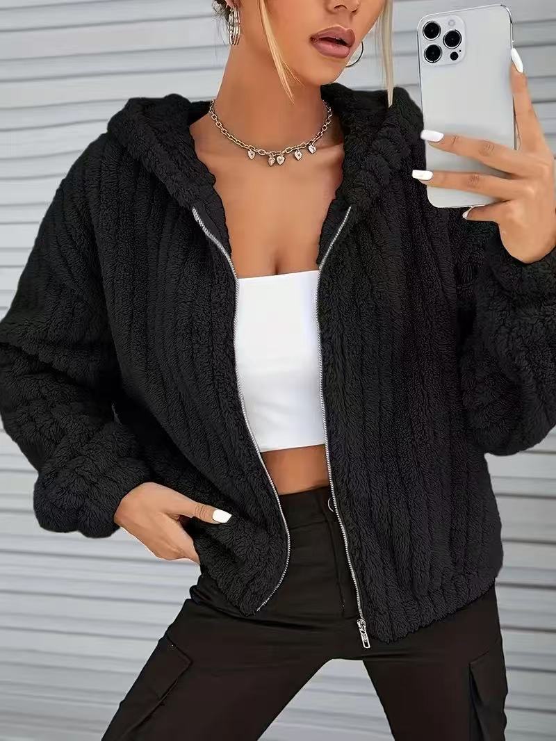 Gilet femme en peluche avec fermeture éclair et capuche - Chaud et douillet