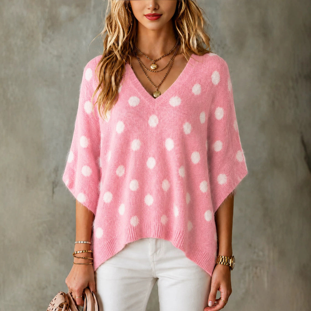Women's polka-dot knit top with a V-neck - Lightweight and original