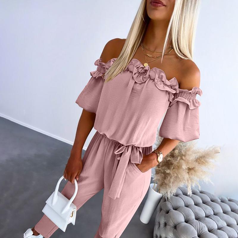 Tuta donna monospalla – Jumpsuit con volant e cintura in vita stile chic
