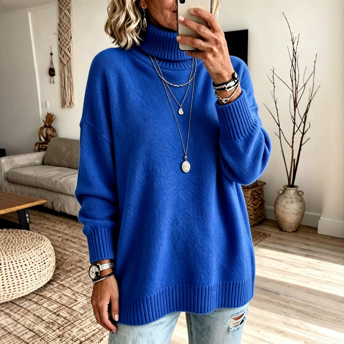 Pull femme ample à col roulé - Chaud et facile à porter