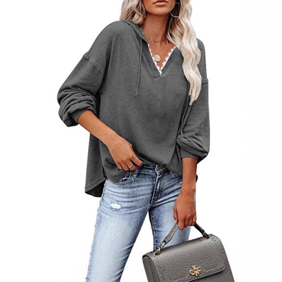 Felpa donna con cappuccio, pizzo e scollo a V a maniche lunghe