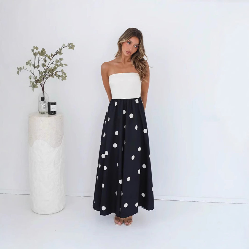 Abito lungo patchwork a pois da donna – Elegante abito tubino a trapezio