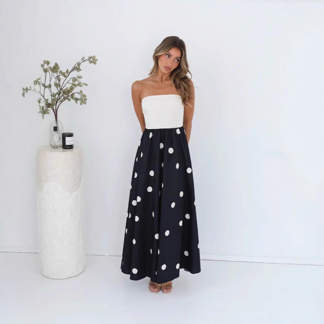 Abito lungo patchwork a pois da donna – Elegante abito tubino a trapezio