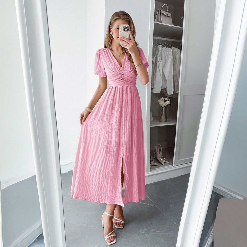 Abito maxi elegante da donna con scollo a V profondo e dettaglio plissé