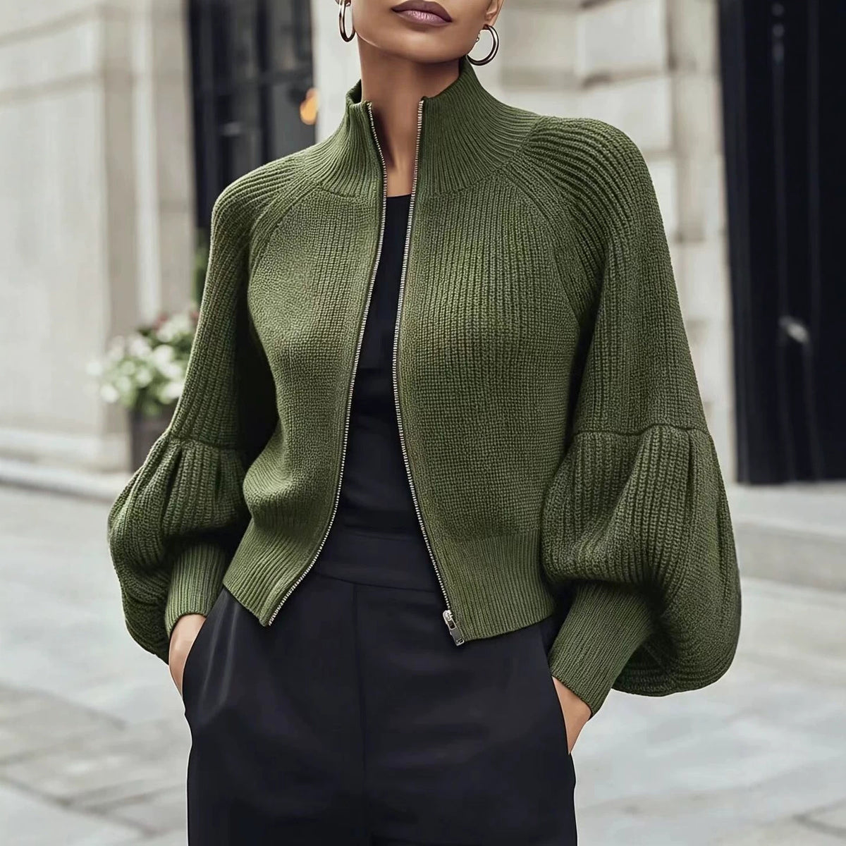 Women's soft lantern-sleeve sweater - Soft and textured
