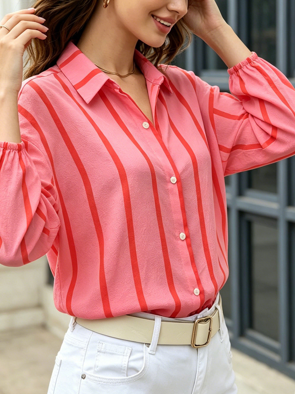 Women's striped blouse with puff sleeves - Lightweight and feminine