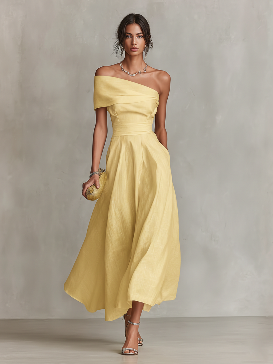 Abito maxi in lino giallo monospalla da donna - Elegante e luminoso