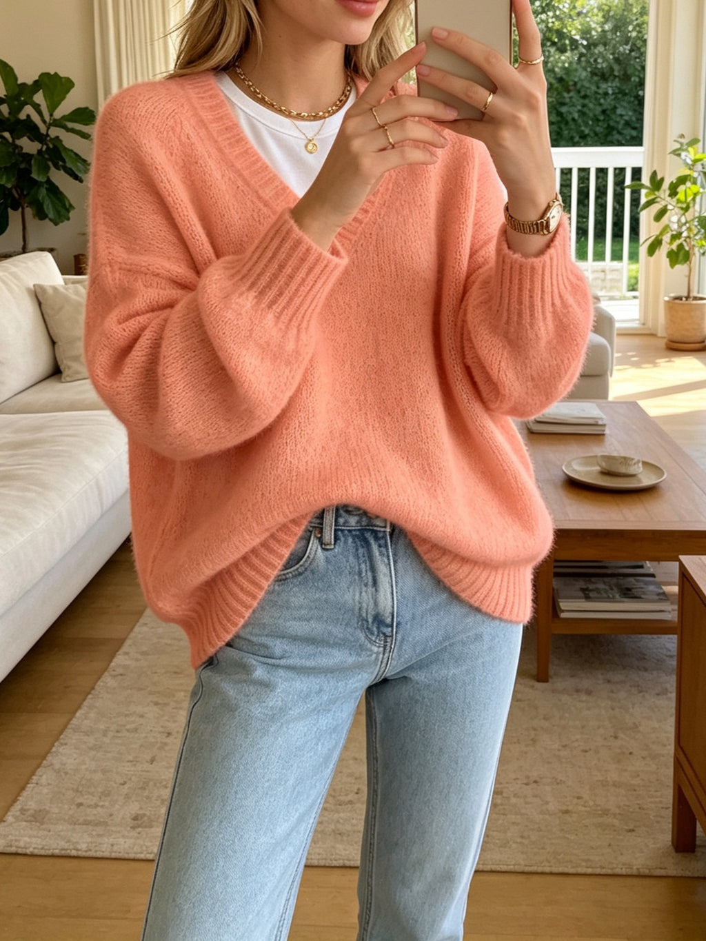 Pull femme ample à col V - Doux et décontracté