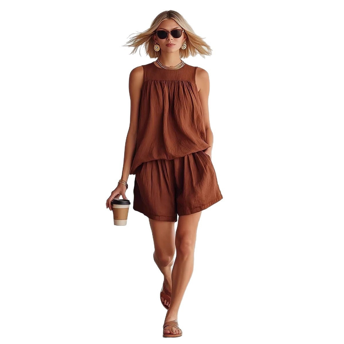 Set donna retro con top plissettato senza maniche e short ampi - Elegante ed estivo