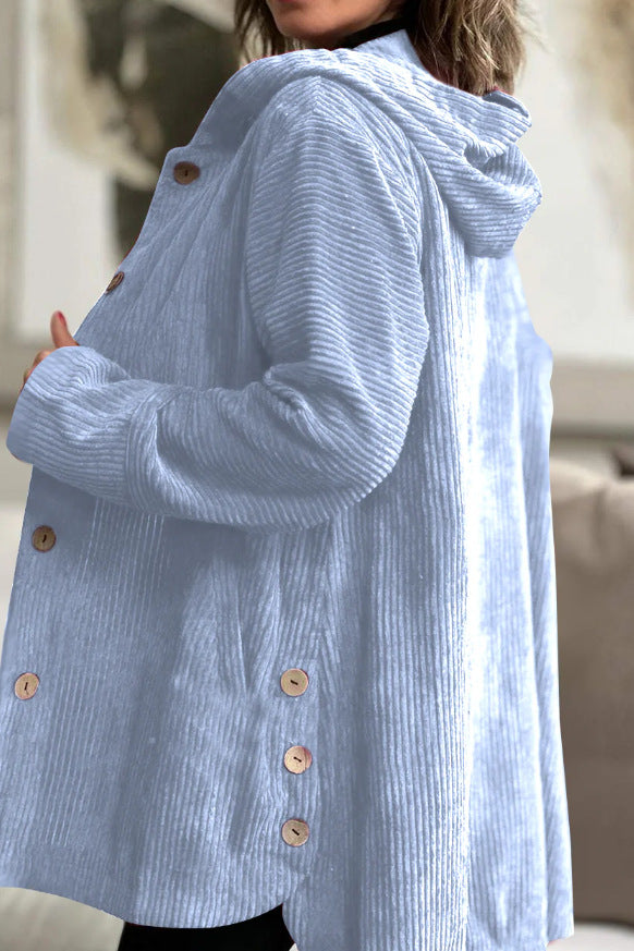 Elegante giacca con cappuccio in velluto a coste da donna – Maglione casual abbottonato di media lunghezza