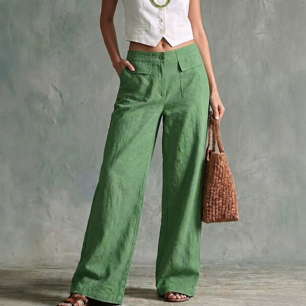 Womens Solid-color Fashionable Loose Casual Elastic-waist Trousers