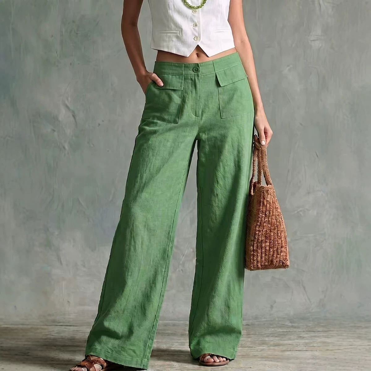 Womens Solid-color Fashionable Loose Casual Elastic-waist Trousers