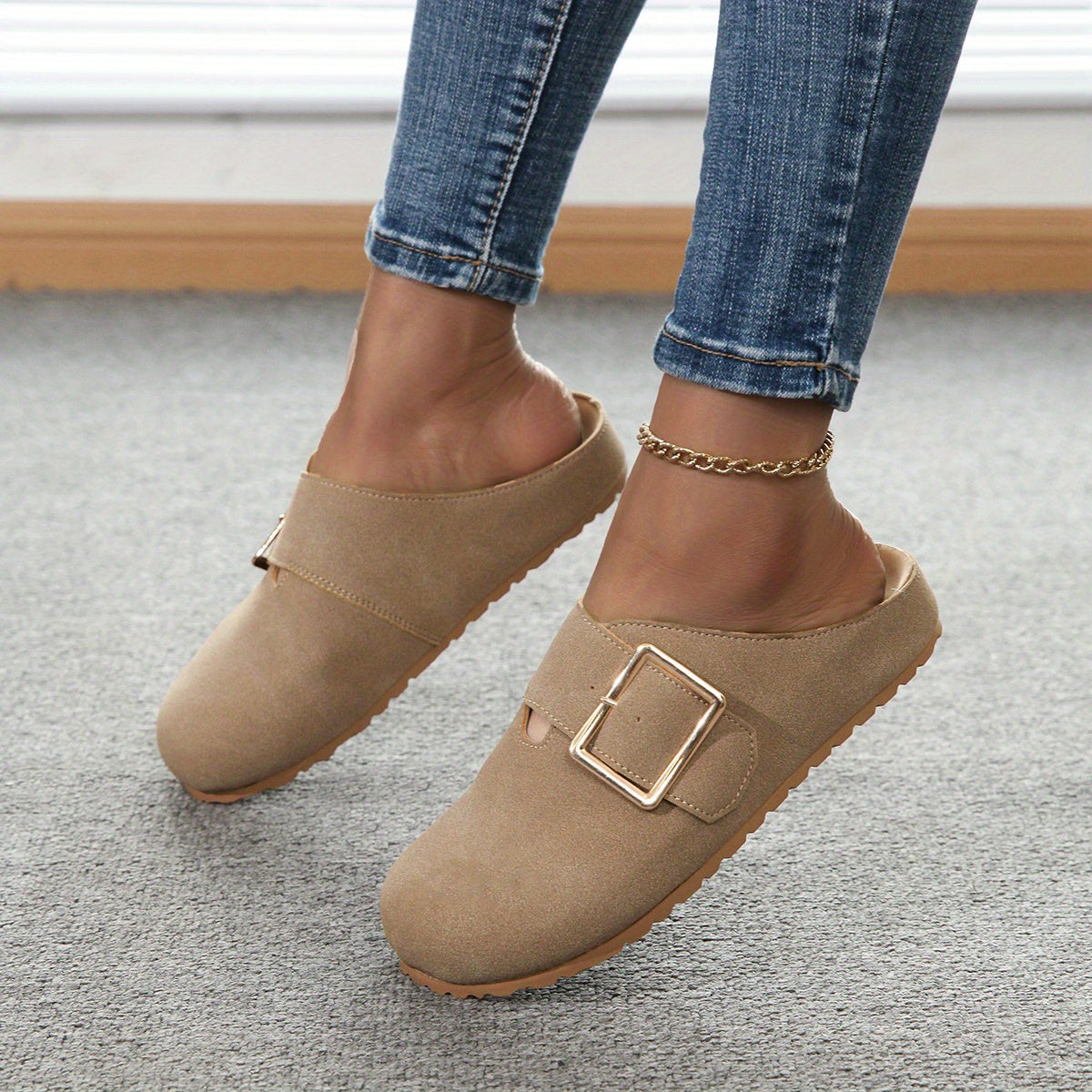 Women's slip-on mules - Comfortable fabric upper with metal buckle strap, soft PU insole, and durable PVC sole - Casual shoes for all seasons, easy to clean, stylish | Guaranteed comfort