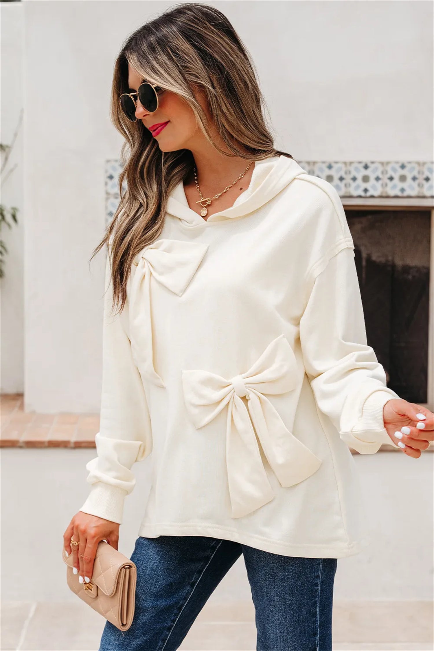 Felpa con cappuccio bianca da donna con fiocco – Felpa liscia morbida e larga
