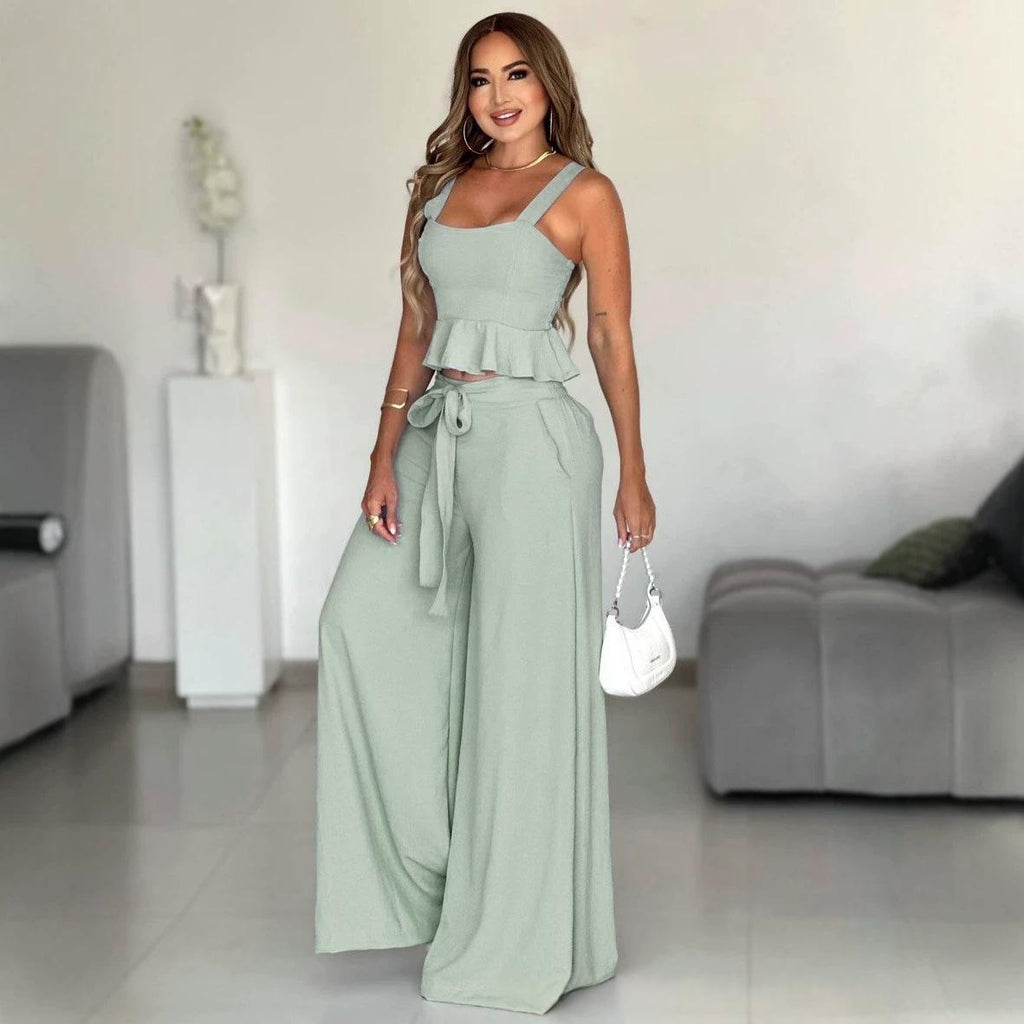 Set donna plissettato con top bustier e pantaloni ampi