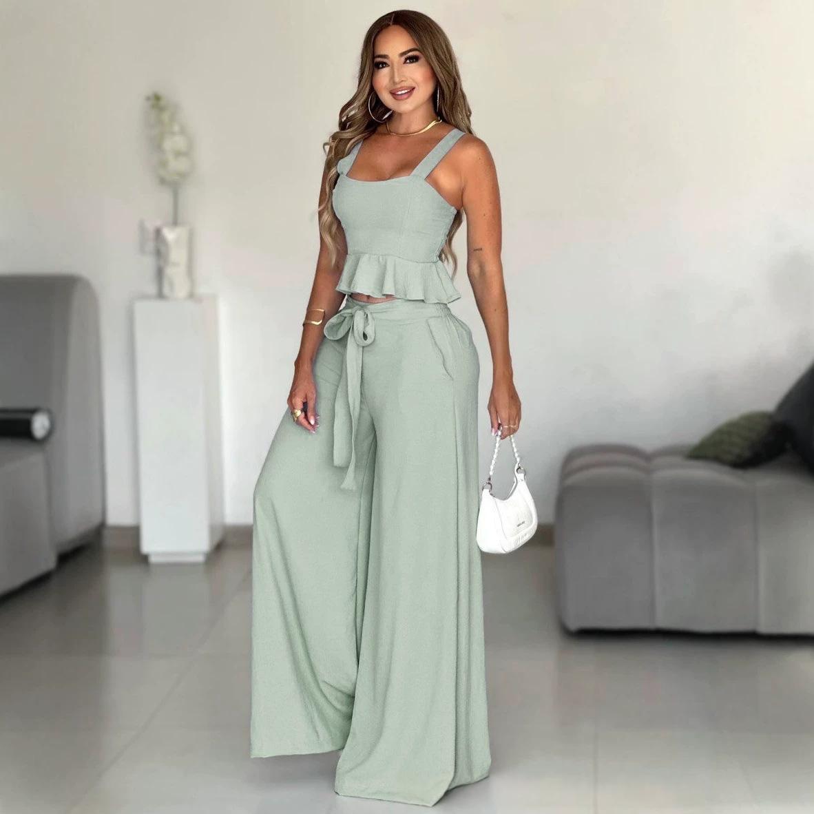 Set donna plissettato con top bustier e pantaloni ampi