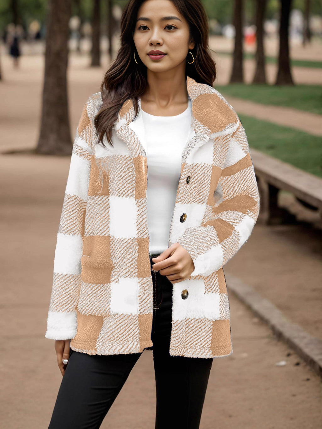 Manteau peluche à carreaux pour femme - Chaud et pratique