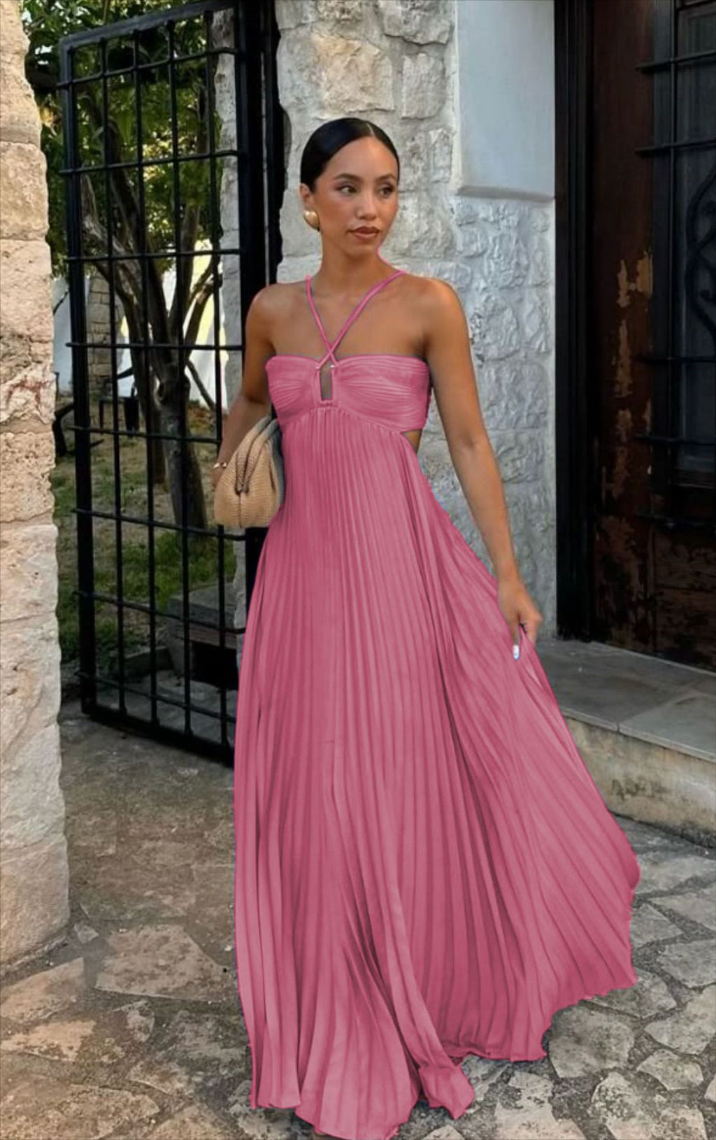 Abito plissettato senza maniche donna con vita alta e collo halter