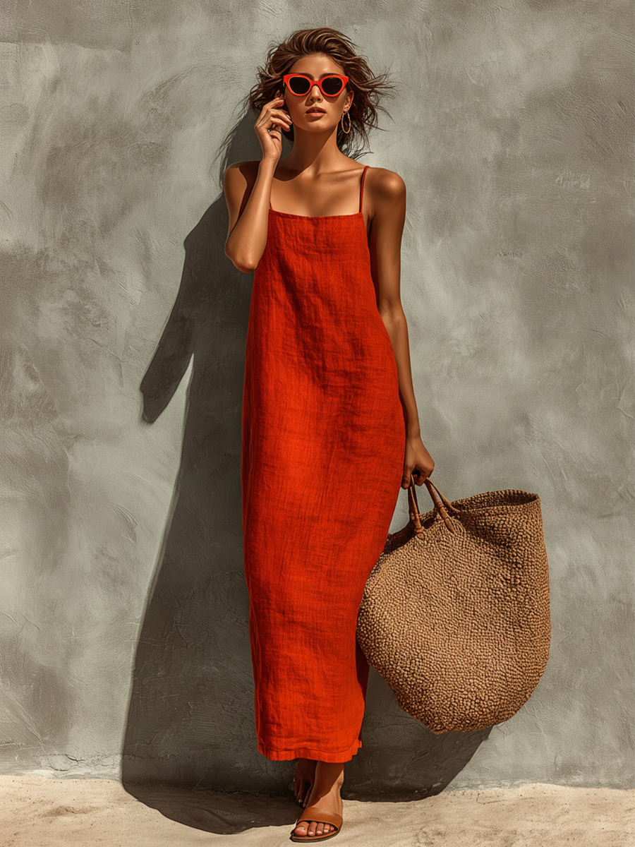 Abito maxi in lino rosso da donna con spalline sottili - Boho e senza tempo