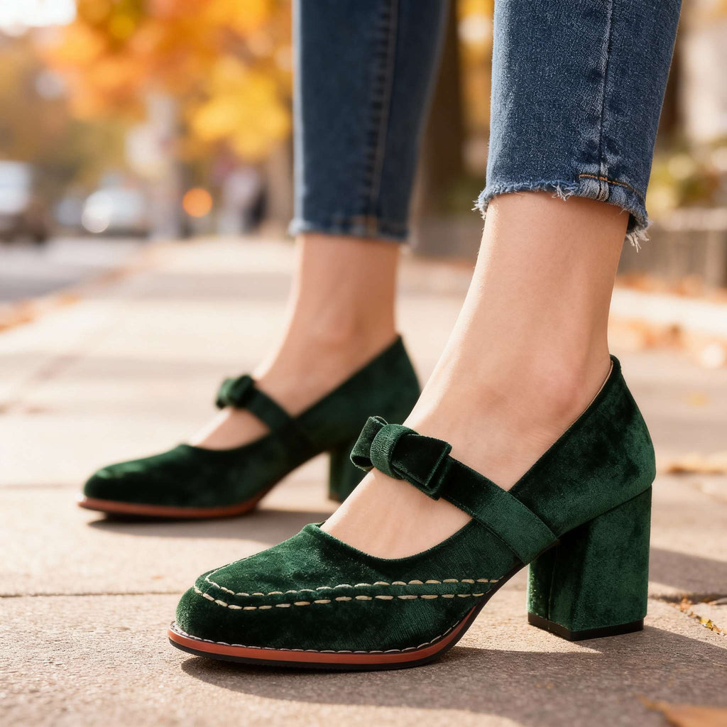Mocassini in velluto con tacco a blocco – Scarpe eleganti e comode