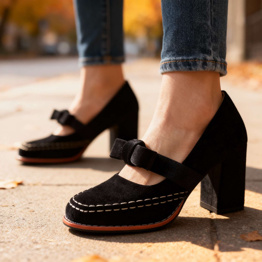 Mocassini in velluto con tacco a blocco – Scarpe eleganti e comode