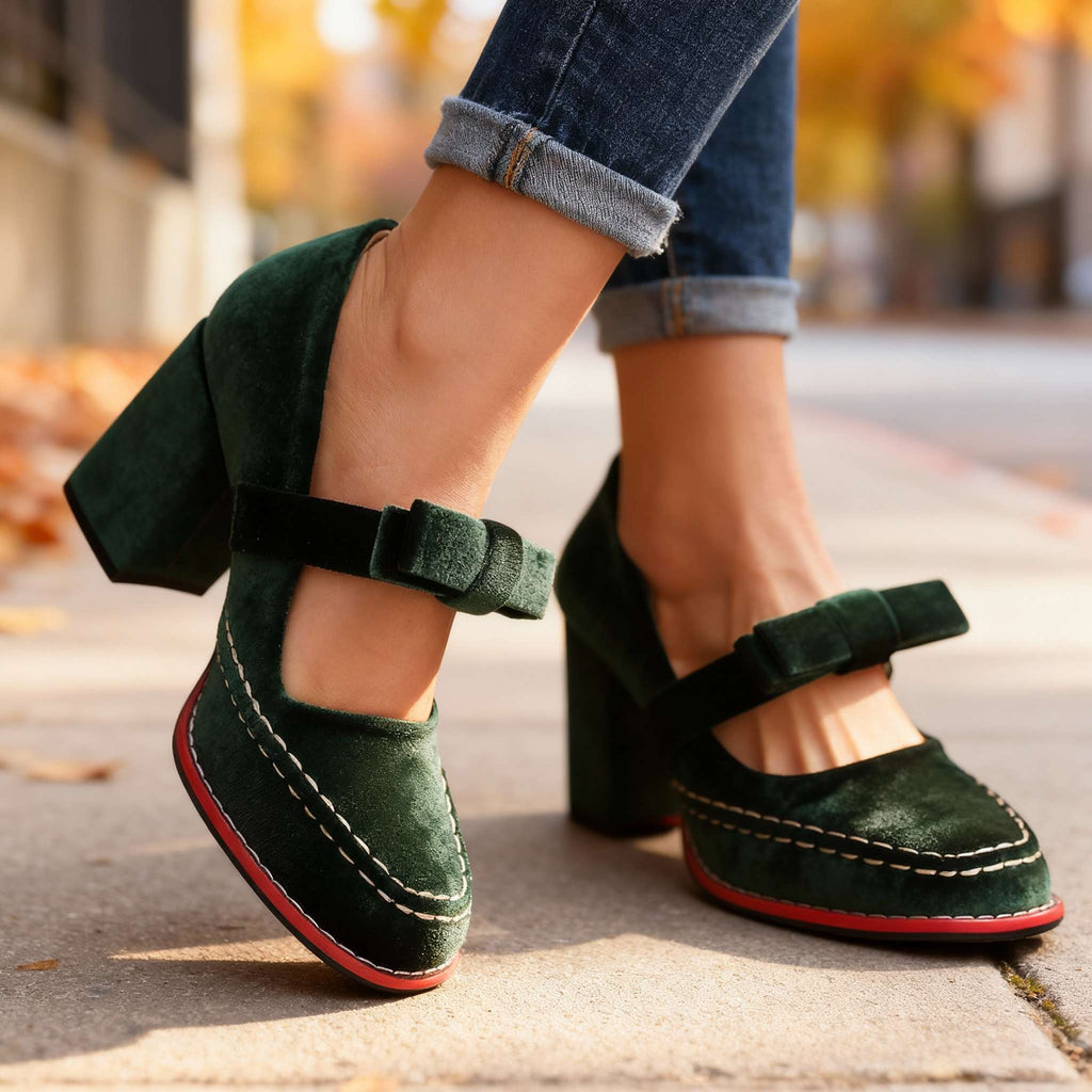 Mocassini in velluto con tacco a blocco – Scarpe eleganti e comode