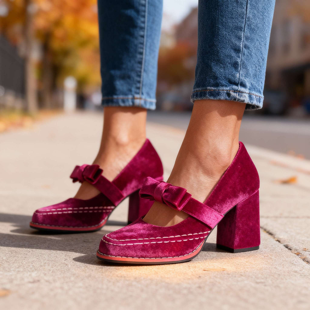 Mocassini in velluto con tacco a blocco – Scarpe eleganti e comode