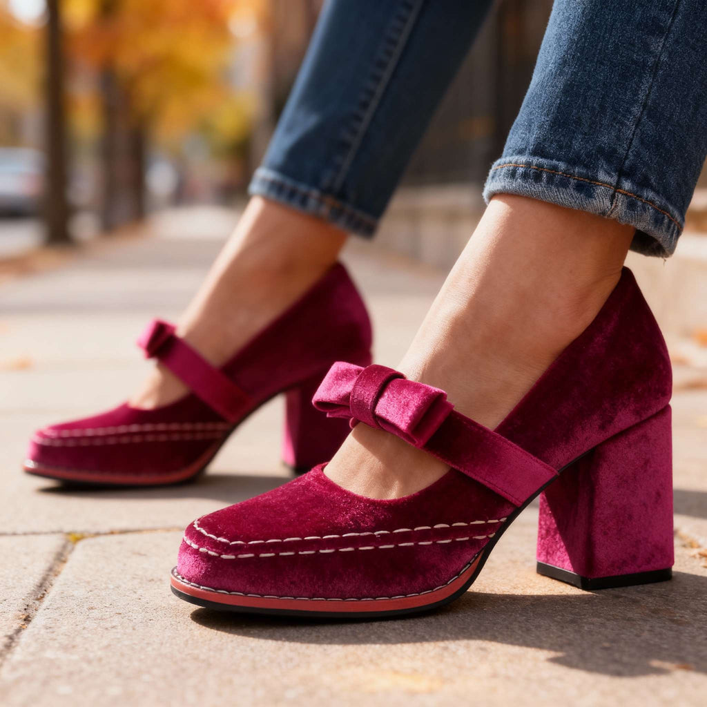 Mocassini in velluto con tacco a blocco – Scarpe eleganti e comode