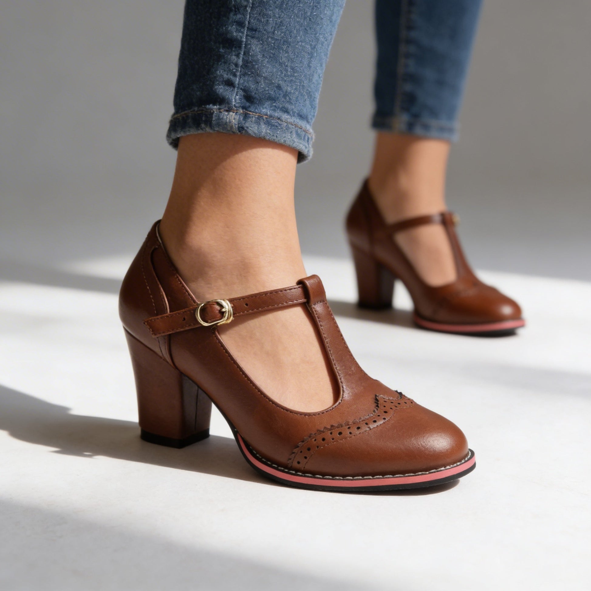 Mocassini con cinturino a T in stile brogue – Tacchi a blocco di ispirazione vintage con calzata confortevole