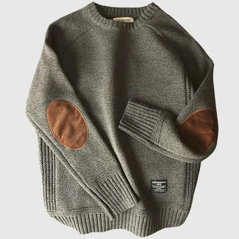 Maglione lavorato a maglia premium da uomo – Maglione marrone con toppe sui gomiti
