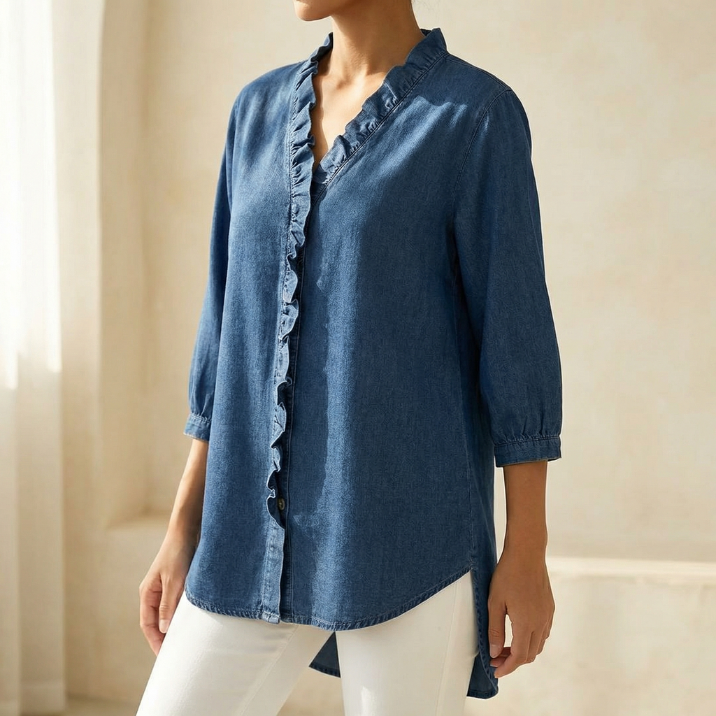 Blouse en jean à col en V et volants Vivara - Douce et féminine