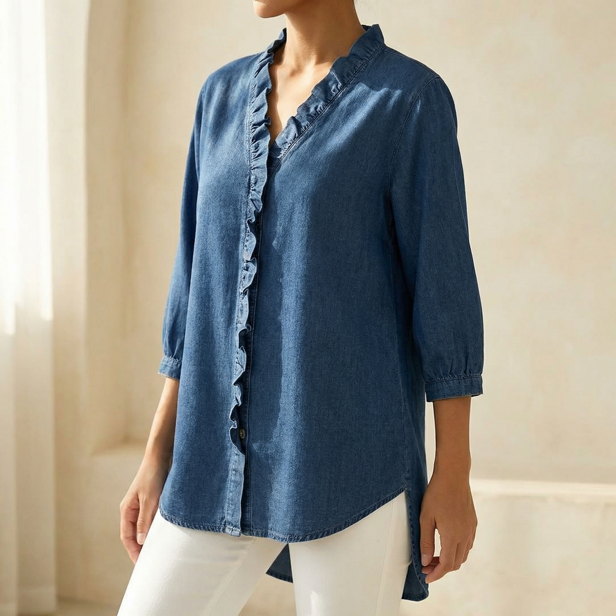 Vivara V-neck denim blouse with ruffles - Soft and feminine