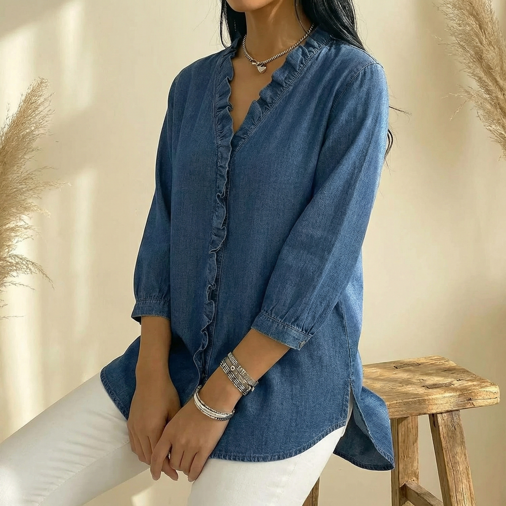Blouse en jean à col en V et volants Vivara - Douce et féminine