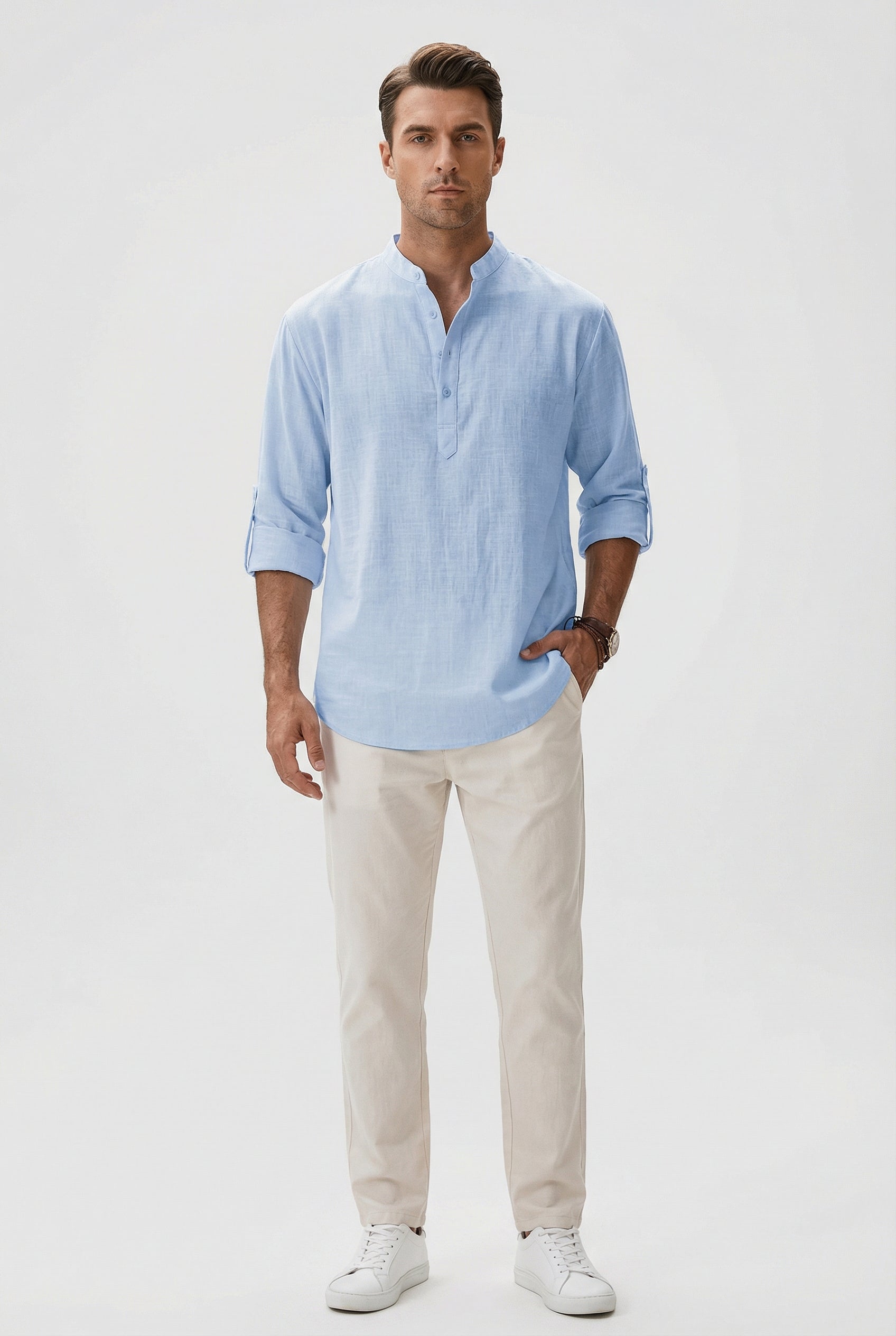 Camicia estiva da uomo in lino – Modello traspirante con maniche arrotolate