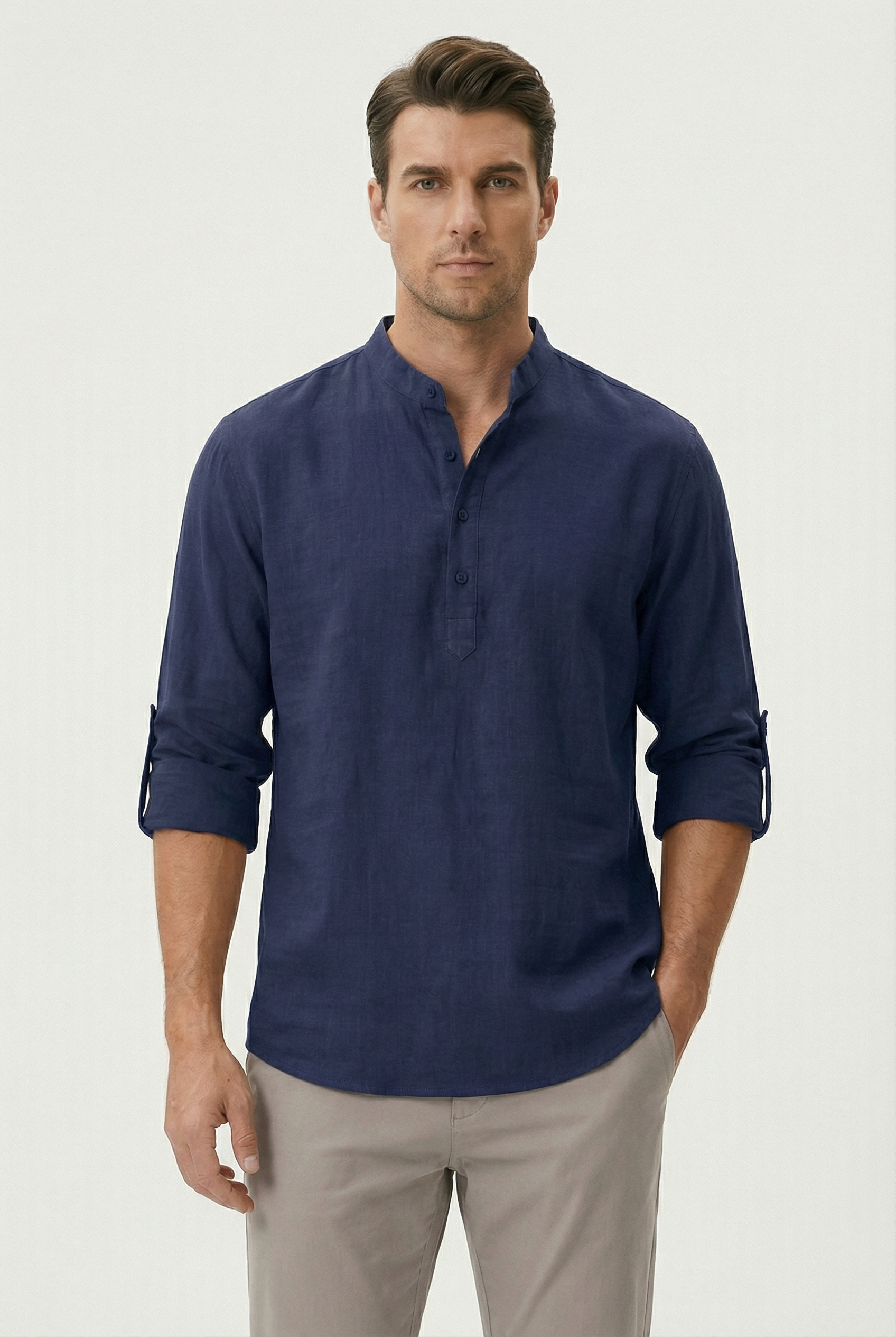 Camicia estiva da uomo in lino – Modello traspirante con maniche arrotolate