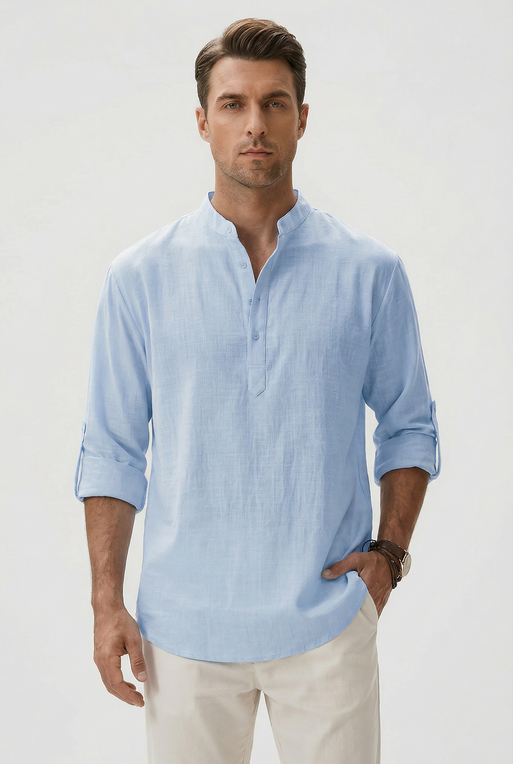 Camicia estiva da uomo in lino – Modello traspirante con maniche arrotolate