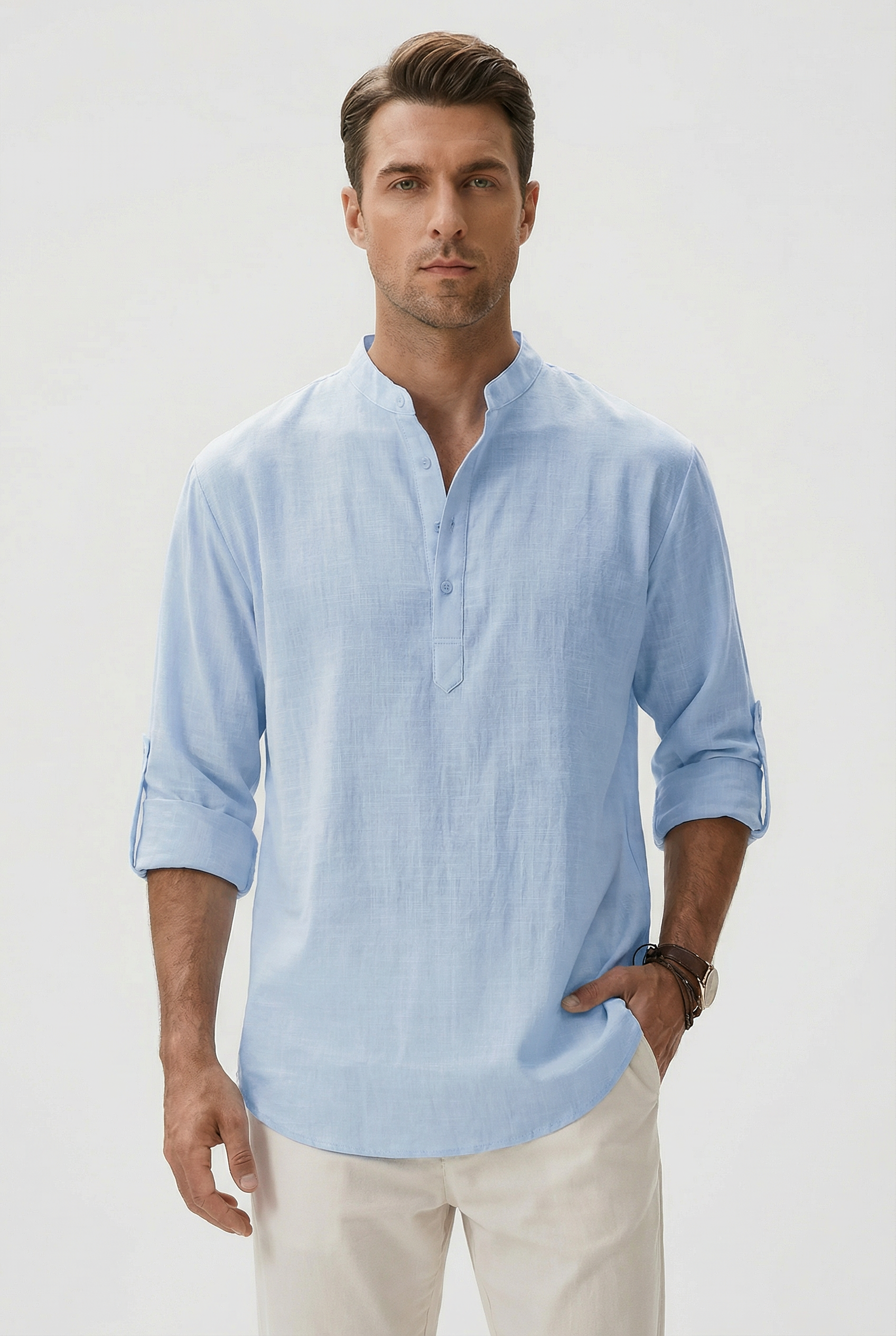 Camicia estiva da uomo in lino – Modello traspirante con maniche arrotolate