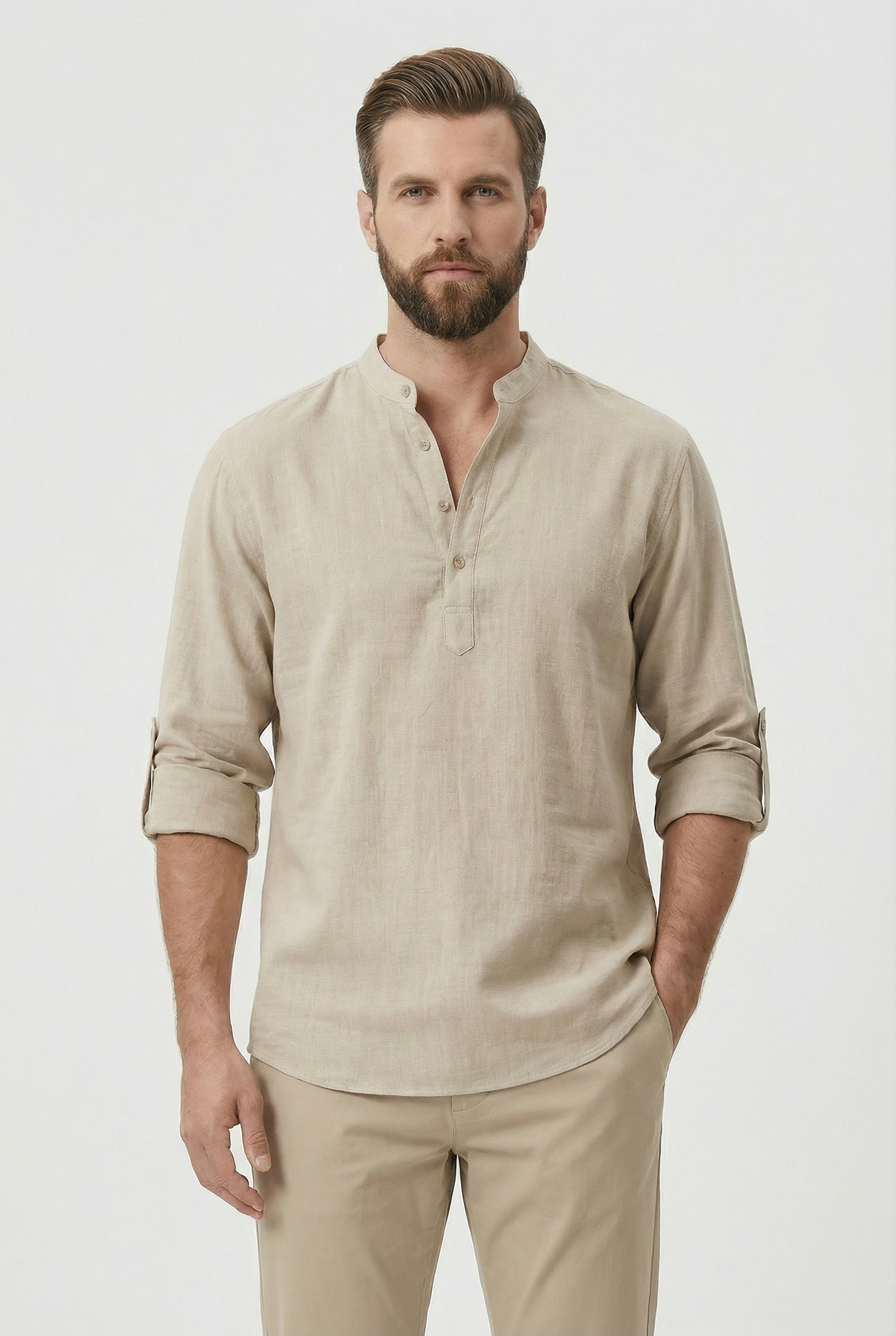 Camicia estiva da uomo in lino – Modello traspirante con maniche arrotolate