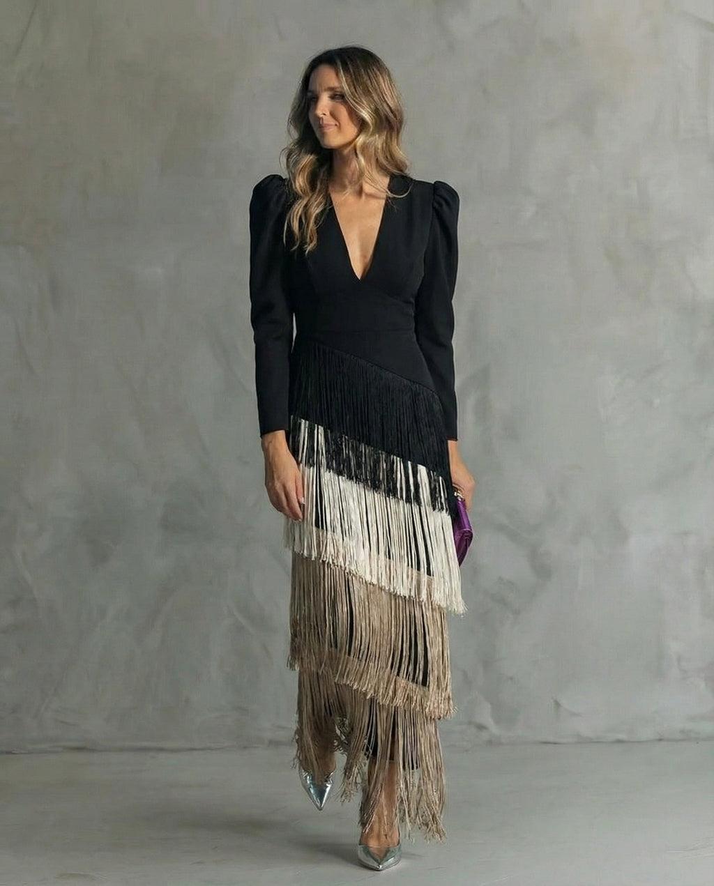 Abito midi elegante da donna con maniche sfrangiate – Chic e originale