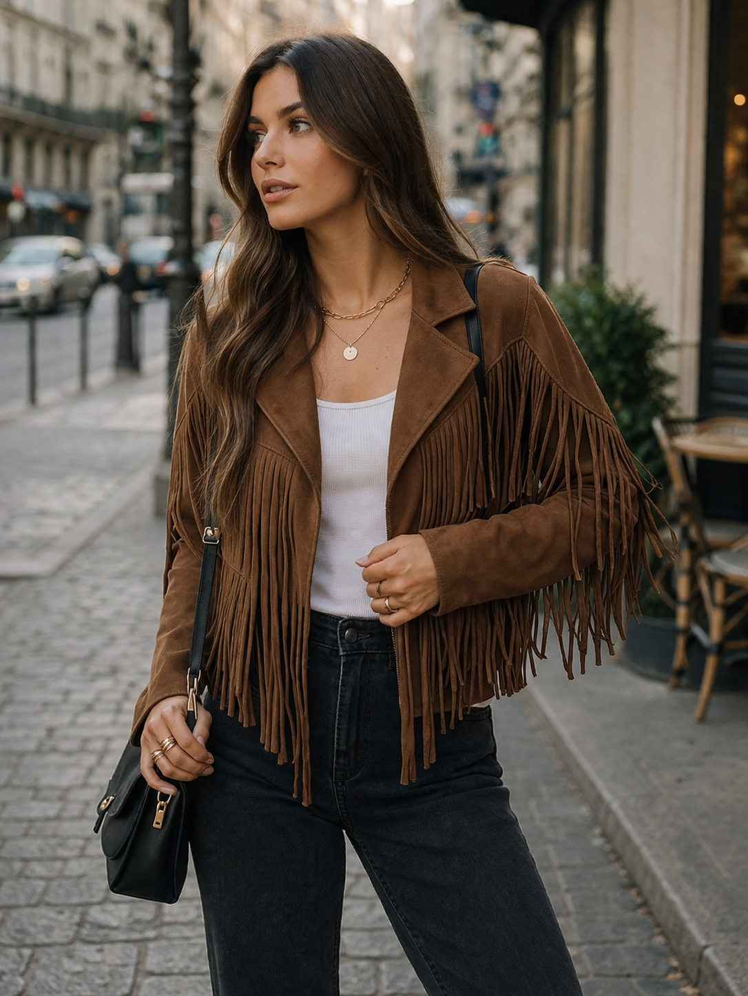 Giacca donna in camoscio con frange marrone - Stile boho chic ricercato e originale
