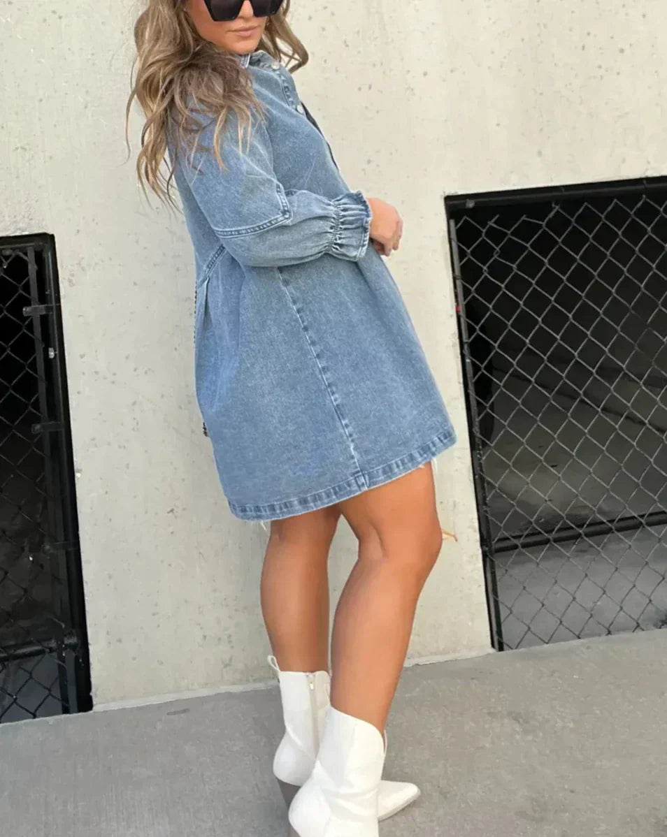Abito corto in denim da donna con maniche lunghe – Abito camicia a trapezio con chiusura frontale con bottoni