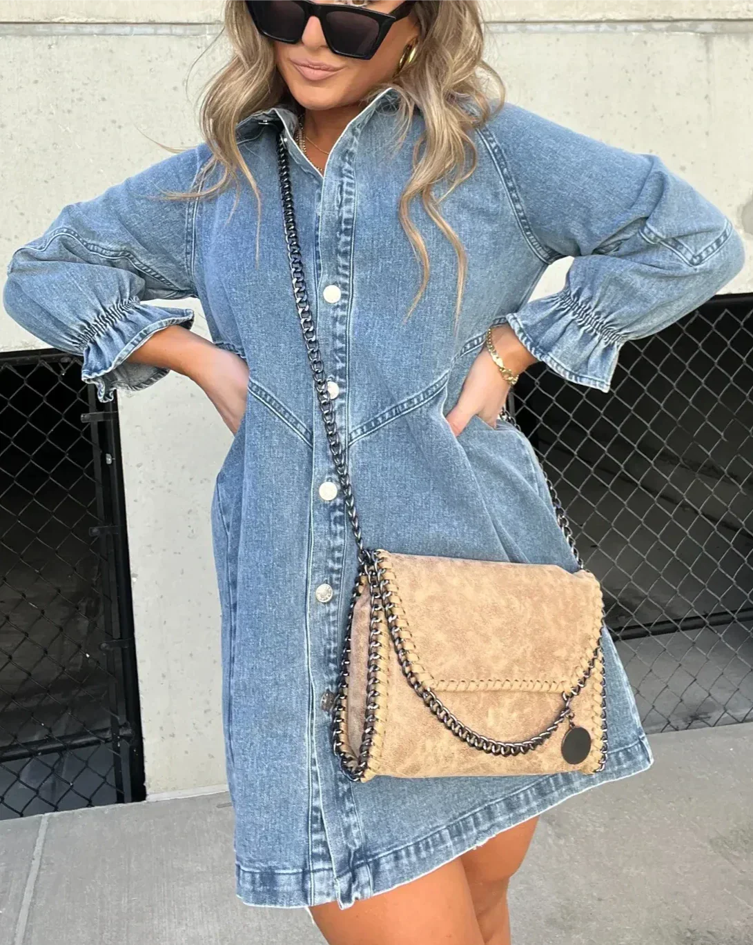 Abito corto in denim da donna con maniche lunghe – Abito camicia a trapezio con chiusura frontale con bottoni