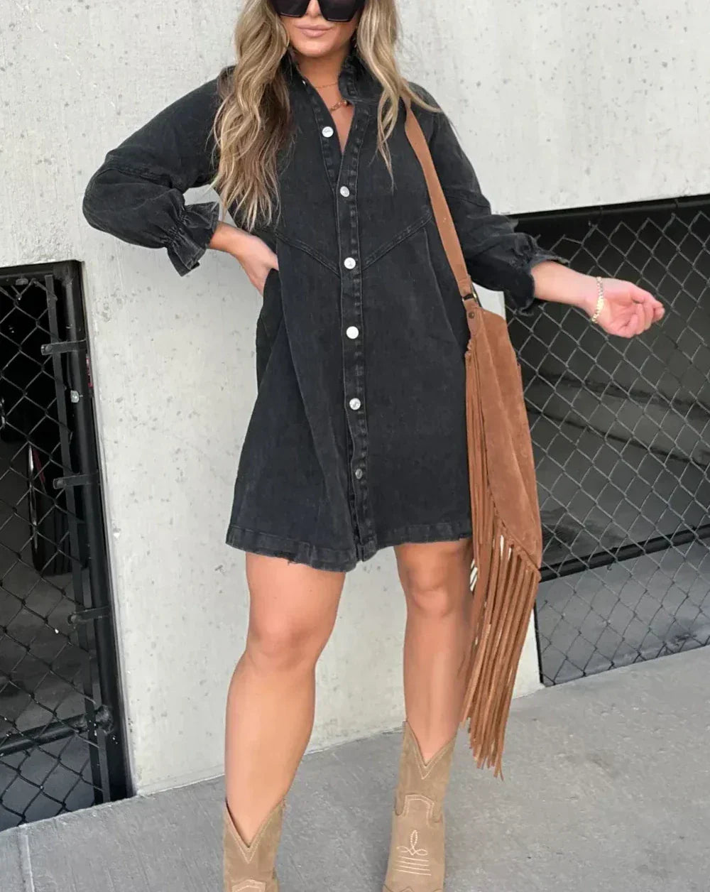 Abito corto in denim da donna con maniche lunghe – Abito camicia a trapezio con chiusura frontale con bottoni