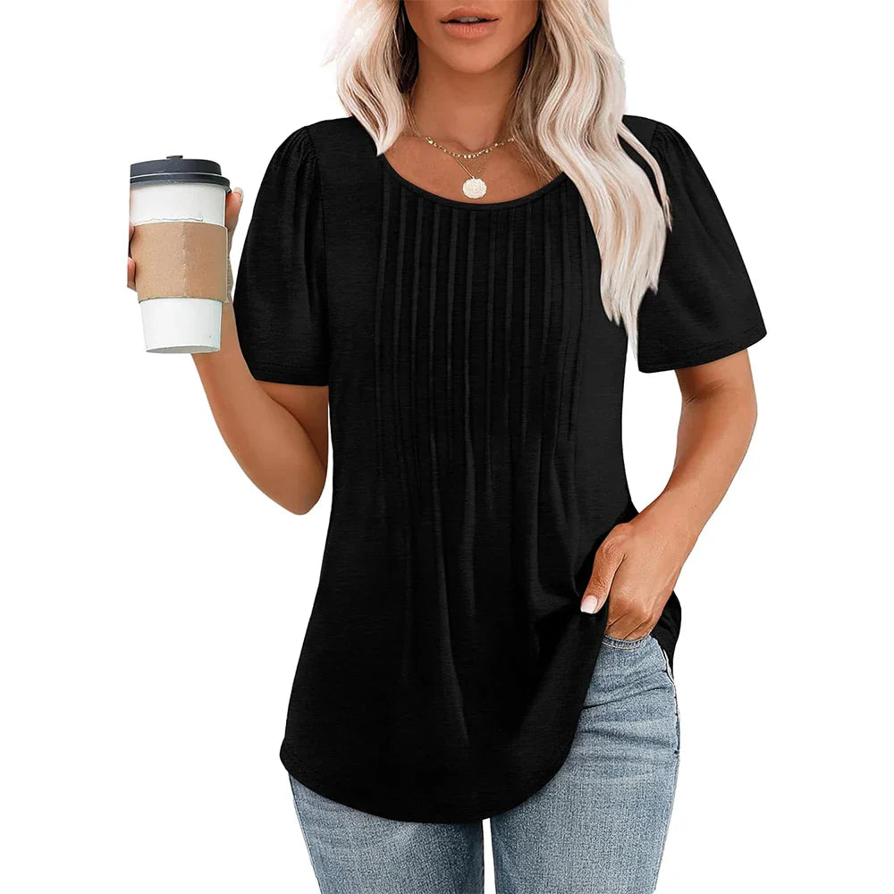 Elegante camicetta casual plissettata da donna – scollo tondo e manica corta