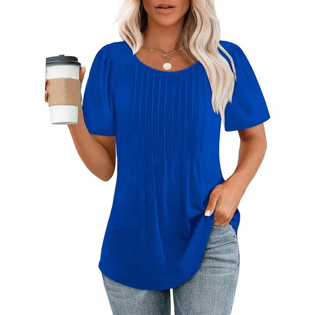 Elegante camicetta casual plissettata da donna – scollo tondo e manica corta