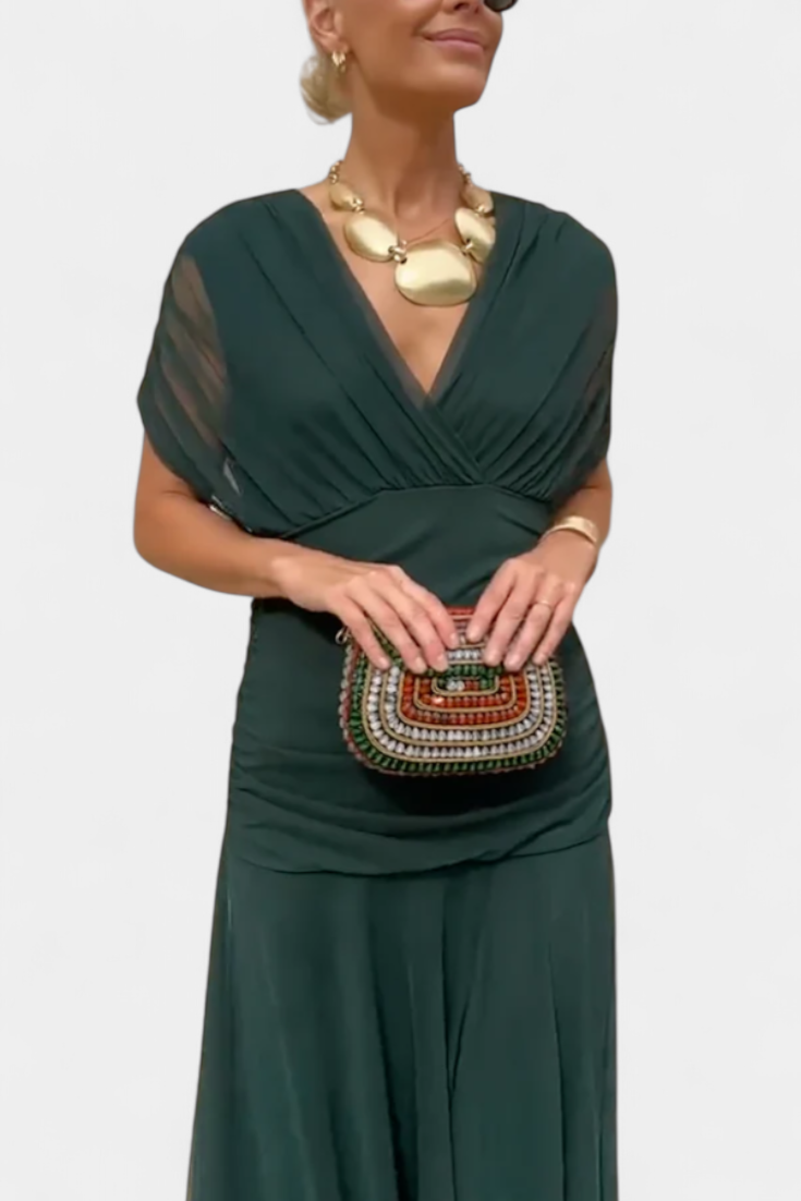 Elegante abito lungo da donna con scollo a V e stampa floreale – Abito estivo lungo e fluido